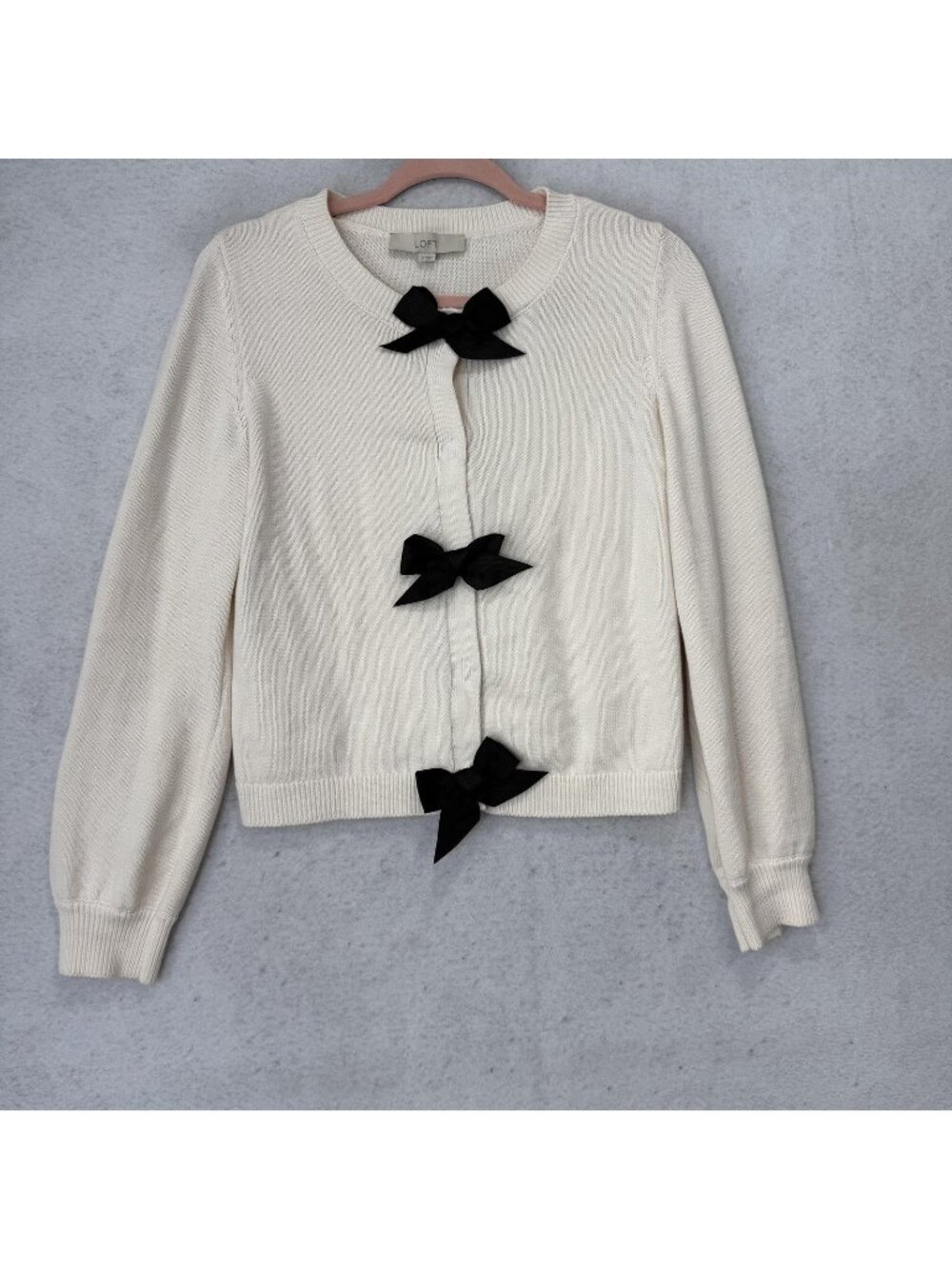 LOFT Cardigan Sweater Womens XS White Bow Front Detail Crew Neck Cotton Knit